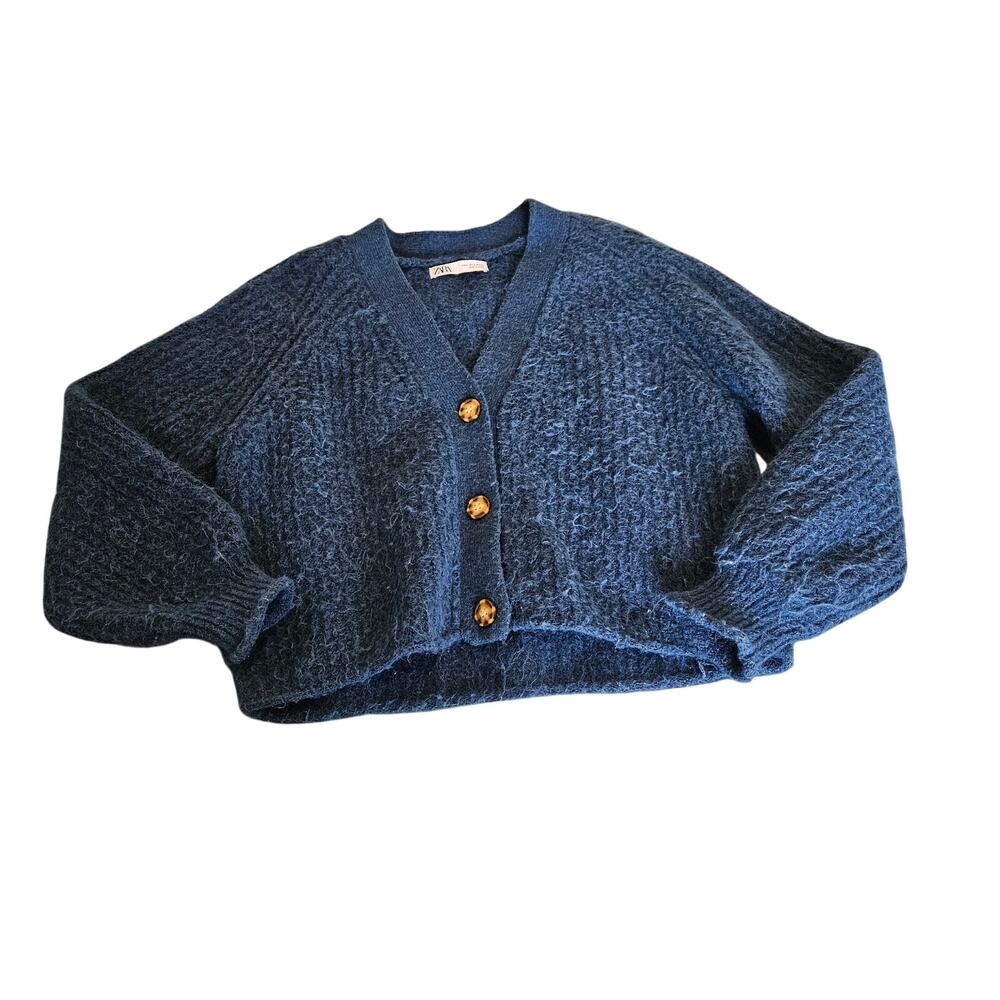 Zara Fuzzy Knit Cardigan Blue Button Front Wool Alpaca Blend Size S